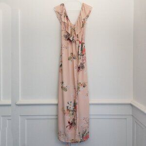 Plum Pretty Sugar Maxi Wrap Dress M/L Blush Floral Ruffle Rayon Boho Chic